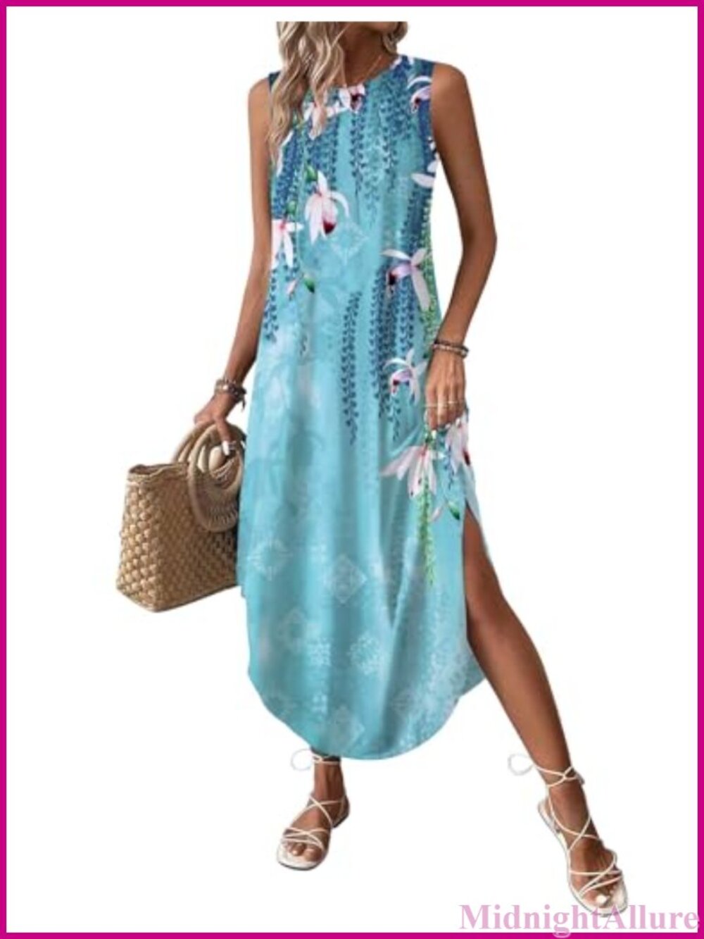 Women Floral Summer Beach Tank Maxi Dress with Pockets Pleated Front